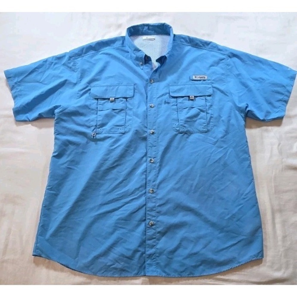Columbia PFG Mens XL Blue Bahama II Fishing Shirt Short Sleeve Omni-Shade Nylon